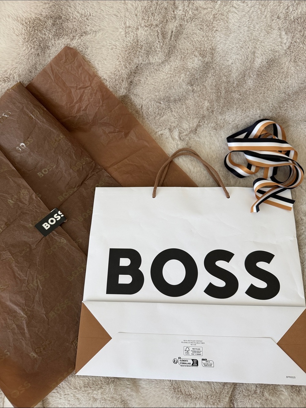 Boss White Paper Shopping Bag with Black Logo and Brown Handles